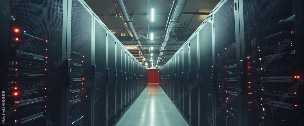 Aufkleber A long corridor lined with server racks in a data center.