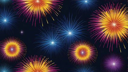 Fototapeta premium a vibrant cityscape photograph featuring a nighttime skyline with a series of large, colorful fireworks exploding in the sky. The fireworks display a range of colors,