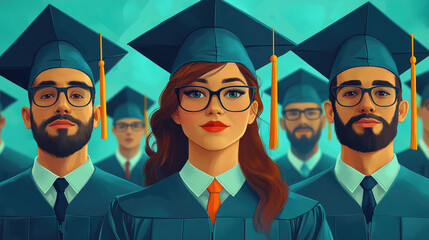 A diverse group of graduates in caps and gowns proudly celebrates their academic accomplishments at a graduation ceremony