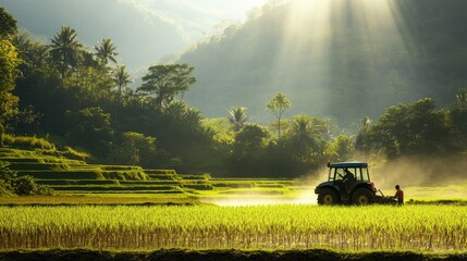 Farmer Preparing Soil in Paddy Field with Tractor