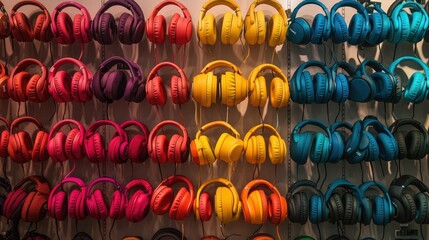 Fototapeta premium Artistic display of assorted headphones on wall, vibrant colors in a neat arrangement
