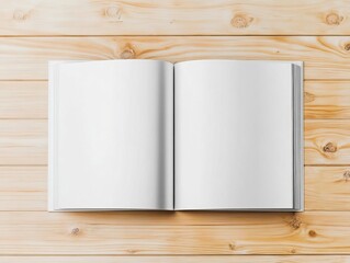 Minimalist open magazine mockup with blank pages, placed on wooden surface, open magazine wood surface