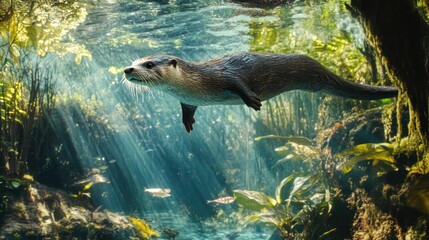 Fototapeta premium Otter Swimming Through Underwater Forest With Sunbeams