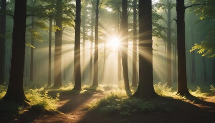 Naklejka premium Sunbeams Through the Trees: A mesmerizing vista of sunbeams piercing through the dense foliage of a misty forest, illuminating the forest floor in a ethereal glow.