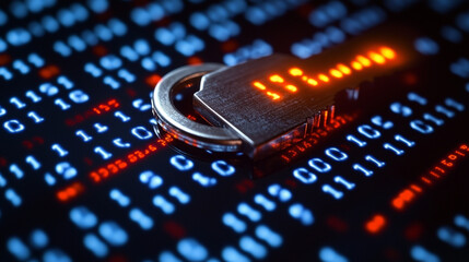Cybersecurity Key to Digital Fortress: A gleaming metallic key rests on a binary code backdrop, its glowing digits symbolizing the crucial role of cybersecurity in protecting digital assets.  
