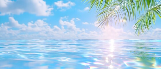 Fototapeta na wymiar A beautiful blue ocean with a palm tree in the foreground