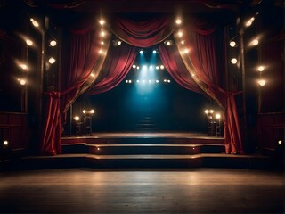 An empty theater stage with elegant red curtains and stairs