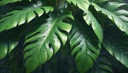 Fototapeta premium Tropical Leaf Texture: Lush green leaves with a distinctive, textured pattern, shimmering with dew drops, create a vibrant and captivating backdrop for your designs.