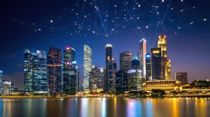 Obraz premium City skyline at night with glowing digital network links, showcasing wireless connectivity