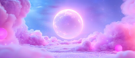A pink moon is in the sky above a pink cloud