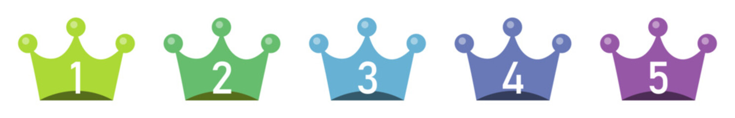 Crown vector icon set of different color. Crown ranking set isolated. 1st to 5th place set of crowns ranking vector illustration. 1 to 5 rank number text. Flat style.