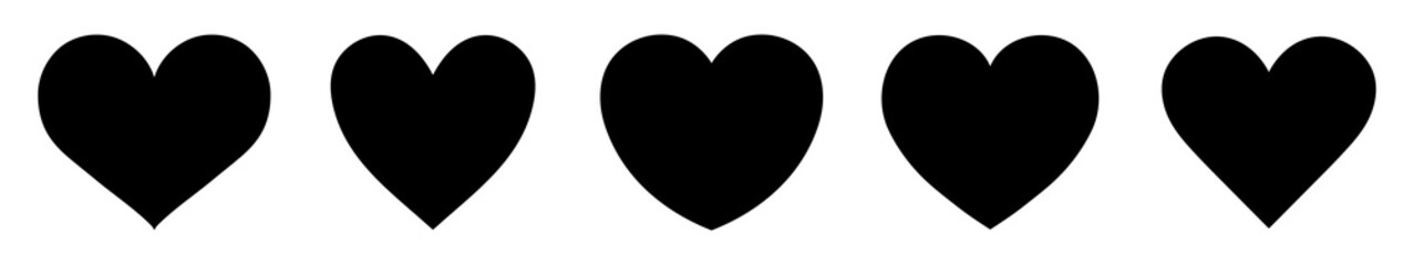 Set of five black hearts vector icon set isolated. Heart icons. Black hearts symbol, love sign, heartbeat silhouette, heart pictograms isolated set. Vector illustration.