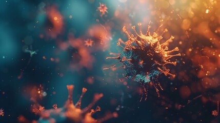 Fototapeta premium A close-up, 3D rendering of a virus particle, showing the complex structure of the pathogen. The image is illuminated with a soft, warm light, creating a sense of unease.