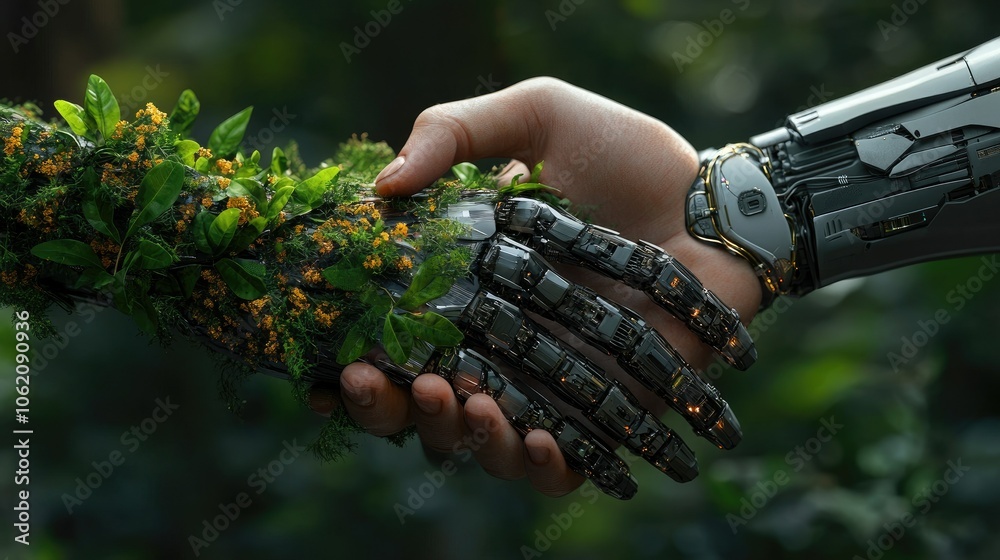 Poster close-up of robotic and botanical hands shaking, symbolizing the fusion of technology and nature