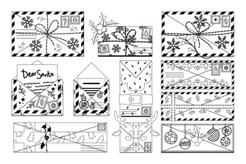 Festive Envelopes With Christmas Elements In Black And White Featuring Designs Like Holly Snowflakes And Candy Canes