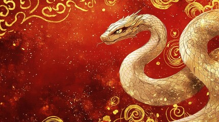 Obraz premium Creative Abstract Marketing Background Featuring a Red Base with a Golden Snake Design, Embodying the Festive Spirit of the Chinese New Year. This Elegant and Detailed Gold Foil Relief Pattern Represe