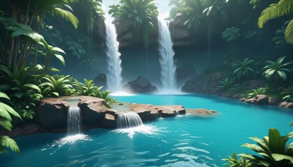 Tropical Paradise: Cascading waterfalls plunge into a crystal-clear lagoon nestled amidst a vibrant jungle, creating an idyllic paradise that beckons exploration. Lush greenery frames the scene.