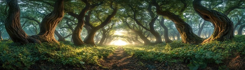 Fototapeta premium Enchanted forest with twisted trees, lush greenery, sunlight filtering through