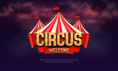 Retro Circus banner with tent and lamp garlands. Bright poster for festival. Vector illustration. © Igor