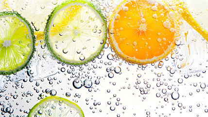 Close-ups of Lemon and Lime Slices Splashing and Dropping into Sparkling Fizzy Water, Refreshing Citrus Burst on White Background for Ads, Social Media, Packaging, Banners, Websites, Menus