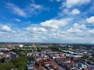 Fototapeta premium Aerial View of Buildings at Central Bristol City of Southwest of England, United Kingdom. The High Angle Footage Was Captured with Drone's Camera from High Altitude on May 27th, 2024.