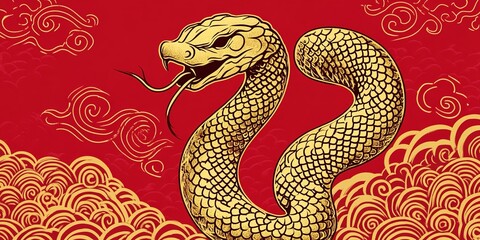 Fototapeta premium Creative Abstract Marketing Background Featuring a Red Base with a Golden Snake Design, Embodying the Festive Spirit of the Chinese New Year. This Elegant and Detailed Gold Foil Relief Pattern Represe