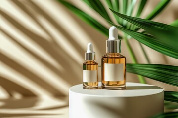 Naklejka premium Glass bottles with golden liquid on a tropical base.