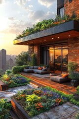 Obraz premium Modern rooftop garden with lush planters, comfy seating, cityscape view, bright natural light