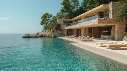 Obraz premium A modern villa overlooks crystal-clear water, featuring an exquisite infinity pool set against a rocky shoreline surrounded by lush trees