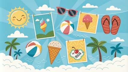 Summer nostalgia showcased on a clothesline under a bright sky, featuring sunglasses, beach balls, ice cream cones, sandals, and palm trees