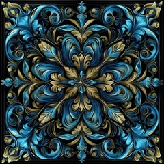 Antique floor tiles featuring a blue floral and geometric seamless pattern with ornate elements.
