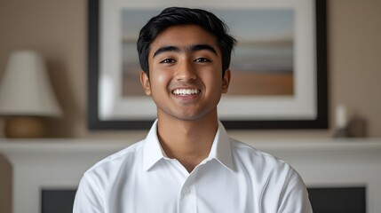 Obraz premium Smiling South Asian young man in a white shirt against a cozy backdrop.