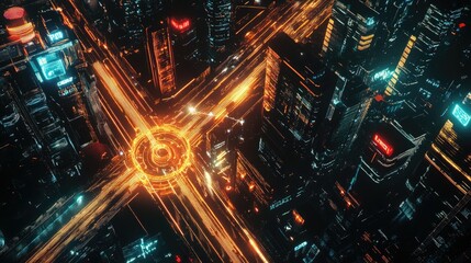 Futuristic city at night with digital network overlays, symbolizing wireless connectivity