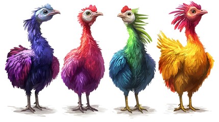 Fototapeta premium Four vibrant, colorful cartoon chickens standing proudly in a row.