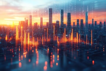 Sunset visualizes vibrant city skyline with digital overlays representing data flow and connectivity
