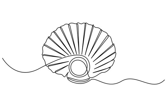 Continuous one line drawing of open oyster shell with pearl. Seashell symbol and banner of beauty spa and wellness salon in simple linear style, Continuous unilinear pattern of shells. Scalloped pearl