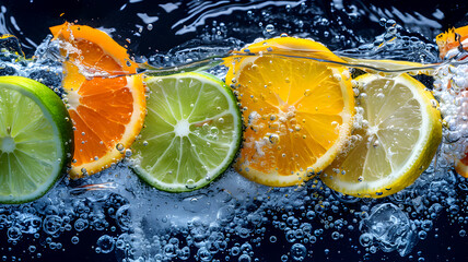 Close-ups of Lemon and Lime Slices Splashing and Dropping into Sparkling Fizzy Water, Refreshing Citrus Burst on Dark Background Ads, Social Media, Packaging, Banners, Websites, Menus