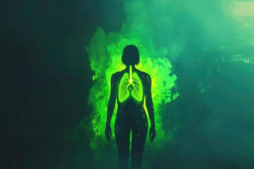 Silhouette of a person with lungs highlighted in glowing green, open space for text, futuristic and modern design, representing vitality and health