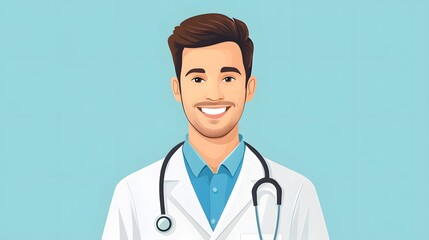 Fototapeta premium Smiling male doctor in a white coat with a stethoscope on a light blue background.