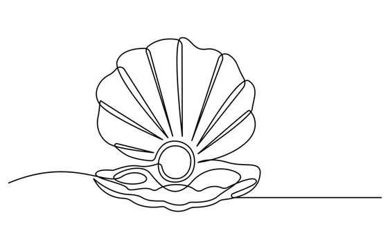 Continuous one line drawing of open oyster shell with pearl. Seashell symbol and banner of beauty spa and wellness salon in simple linear style, Continuous unilinear pattern of shells. Scalloped pearl