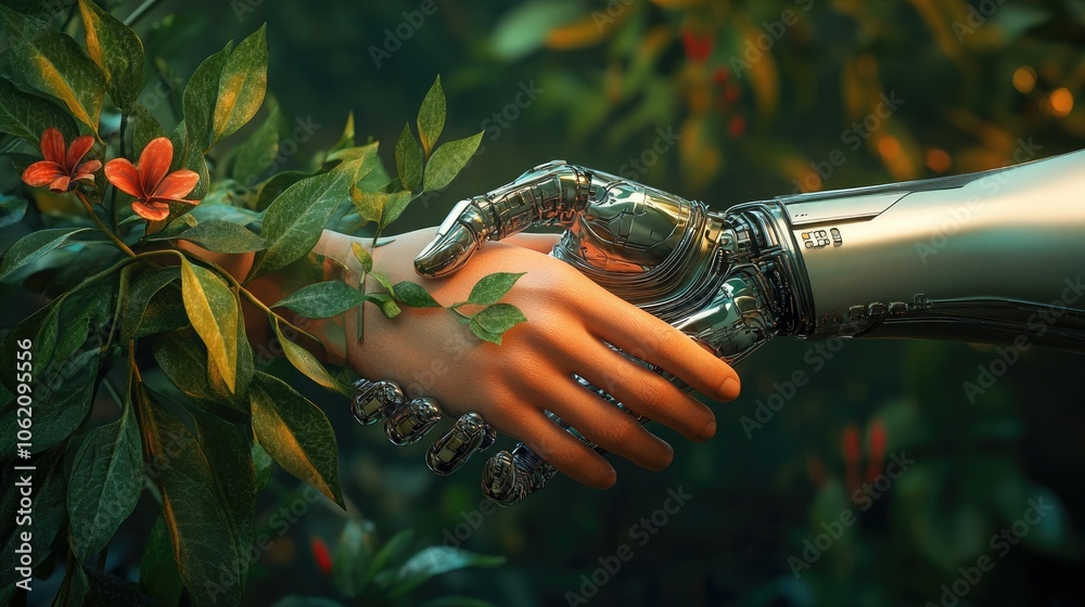 Aufkleber Mechanical and botanical hands in a handshake, futuristic image symbolizing tech-nature harmony
