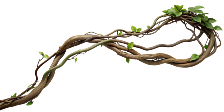 Twisted wild liana vine plant, nature frame jungle border, isolated on white background, clipping path, cut-out, 