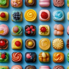 Colorful Candies in a Grid Pattern Against a Blue Background.