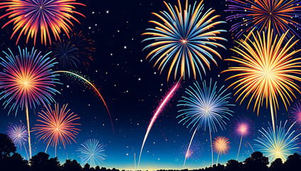 a vibrant cityscape photograph featuring a nighttime skyline with a series of large, colorful fireworks exploding in the sky. The fireworks display a range of colors,