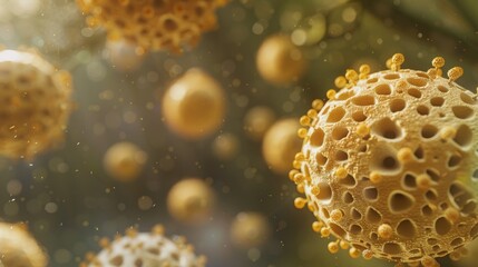 A close-up of H3N2 virus particles, a common strain of influenza, showcasing their spherical form and intricate surface details.