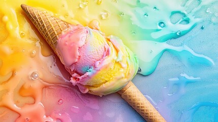 Melting ice cream cone in rainbow colors, colorful and cheerful dessert