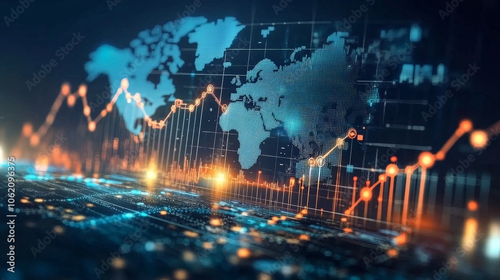 Poster global financial data visualization with line graphs and world map
