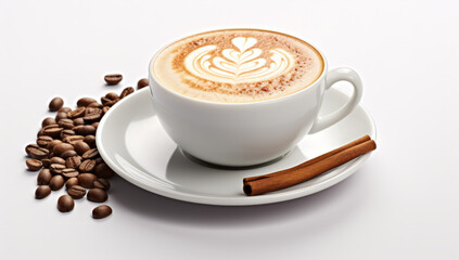 Fototapeta premium Warm cup of latte art with cinnamon stick and coffee beans on a white background