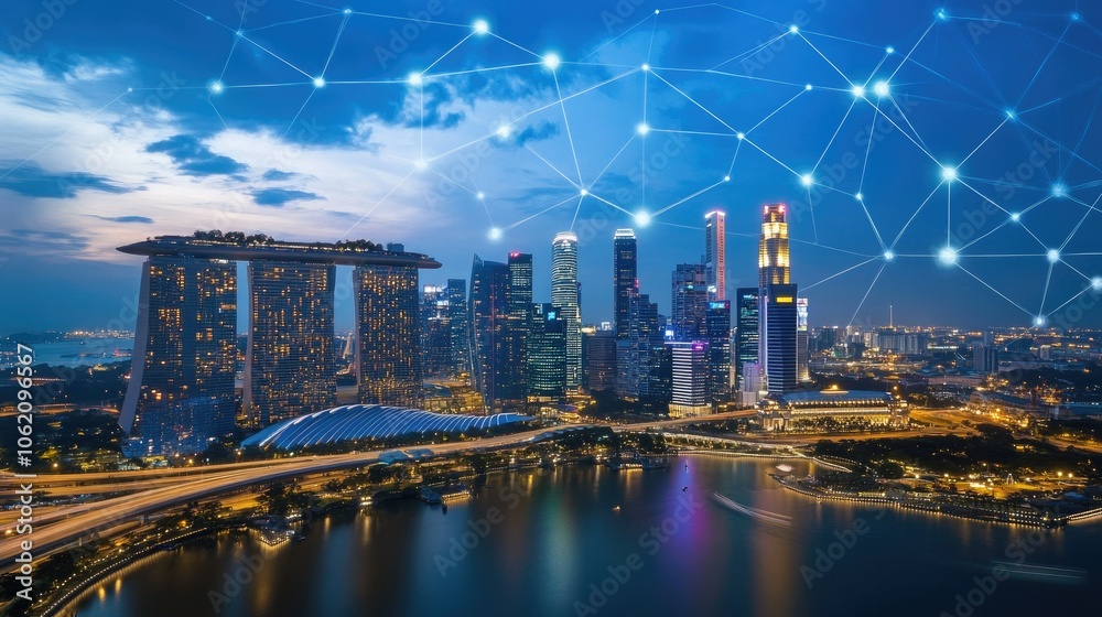 Poster modern city connected by wireless network, illuminated skyline with tech overlay