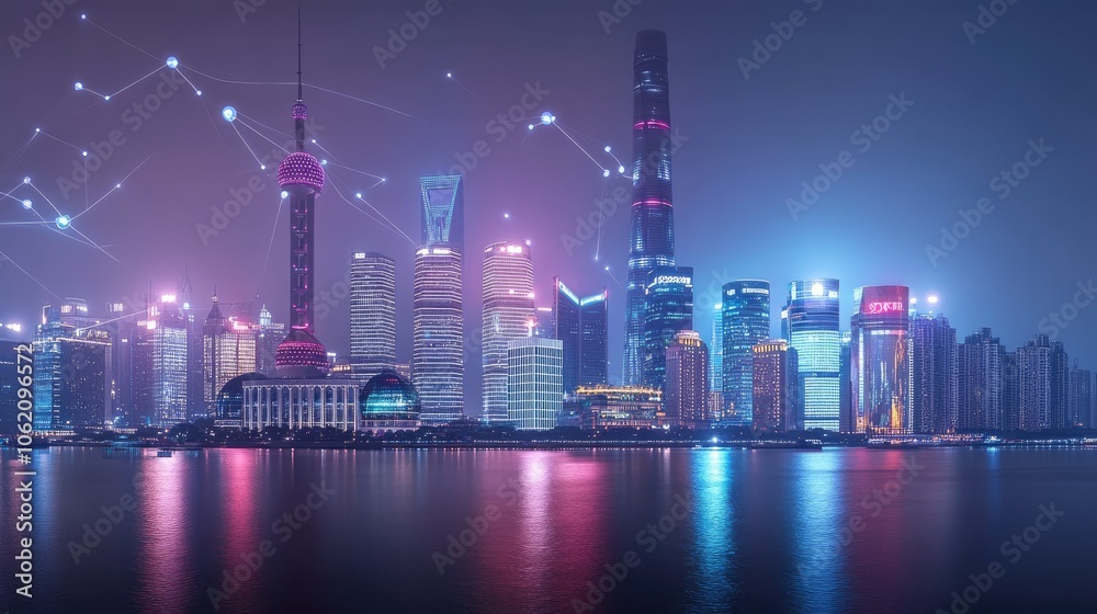 Poster modern city connected by wireless network, illuminated skyline with tech overlay